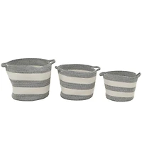 Gray Cotton Handmade Striped Storage Basket with Handles Set of 3 14", 12", 10"