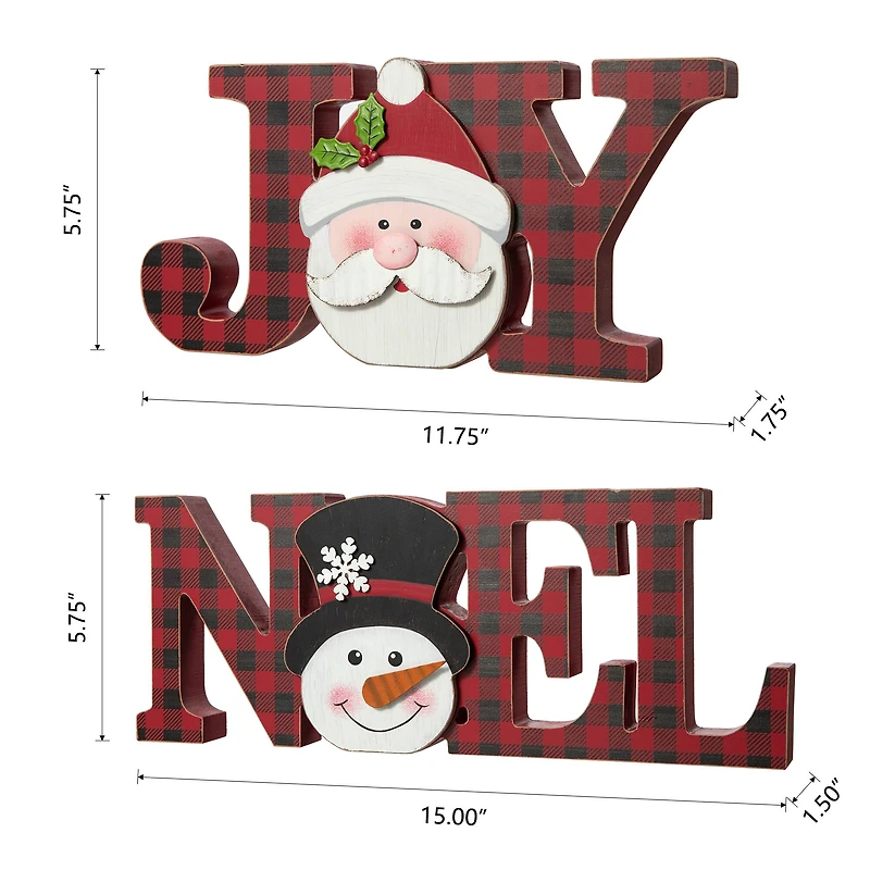 Glitzhome® 2-Piece JOY and NOEL Wooden Christmas Plaid Table Décor