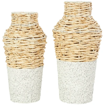 Brown Seagrass Woven Vase with Speckled Black and White Bases Set