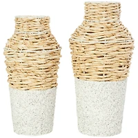 Brown Seagrass Woven Vase with Speckled Black and White Bases Set