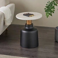 21.5" Black Metal Pedestal Accent Table with Faux White Marble Top