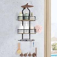 NEX™ Black Stainless Steel & Bamboo Hanging Caddy Shower Organizer with Hooks