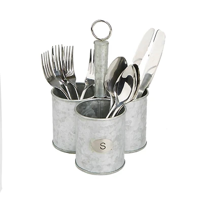 Mind Reader Silver 3-Section Round Galvanized Steel Utensil Holder with Handle