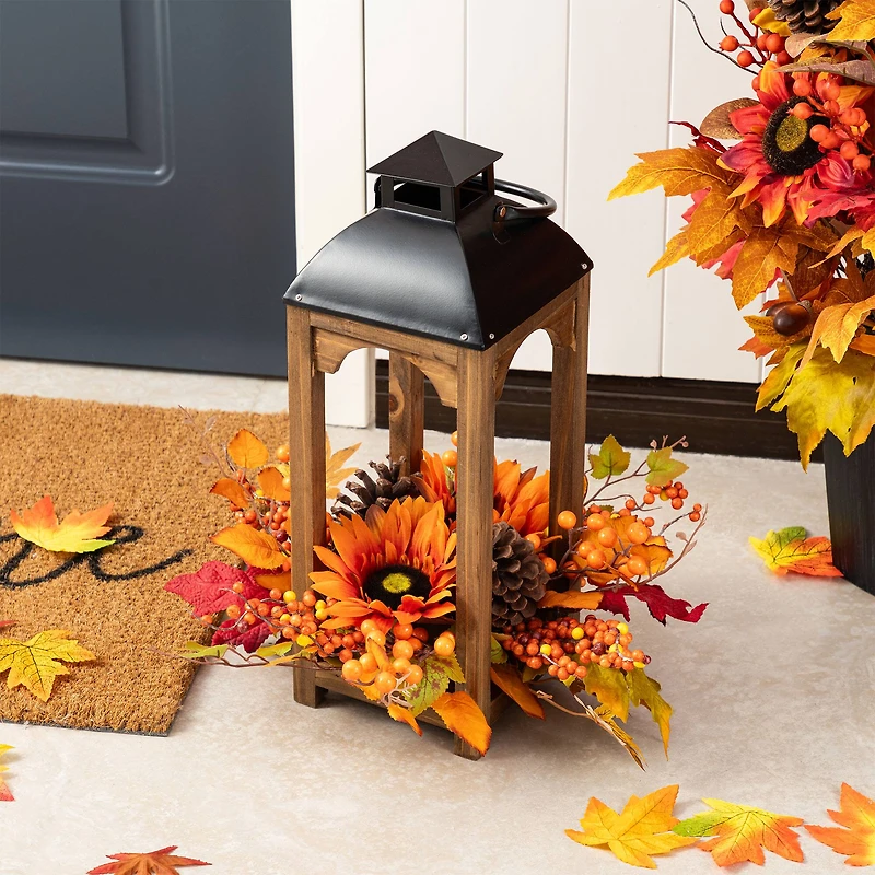Glitzhome® 20" Fall Sunflower, Pinecone and Berry Wood Lantern Centerpiece