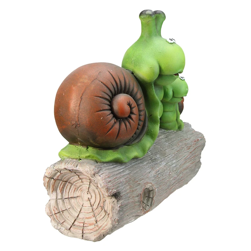 14.5" Green & Brown Mom with Baby Snail on a Tree Stump Garden Statue