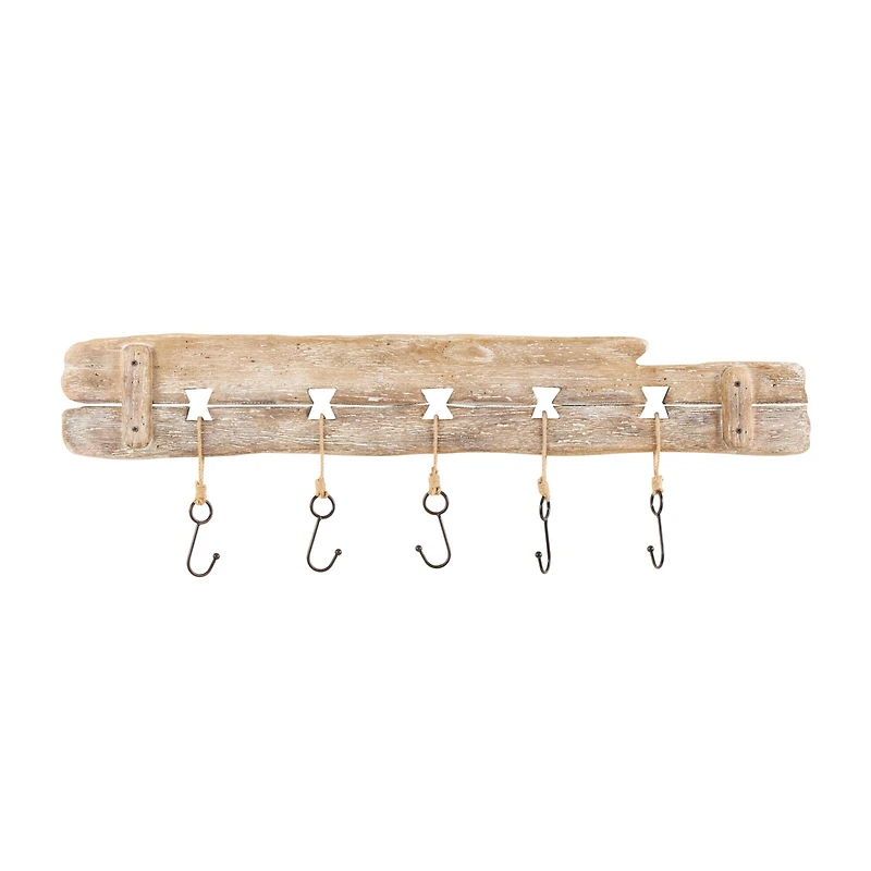 Handmade Whitewashed Brown Wood Live Edge Wall Hook with 5 Fish-Shaped Hangers