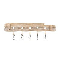 Handmade Whitewashed Brown Wood Live Edge Wall Hook with 5 Fish-Shaped Hangers