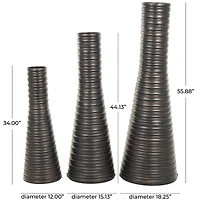 Bronze Ribbed Tall Cone Floor Vase with Horizontal Grooves Set