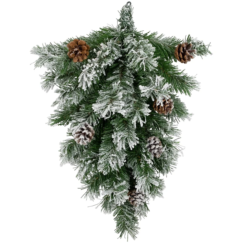 22" Unlit Snowy Flocked Angel Pine with Pine Cones Christmas Teardrop Swag