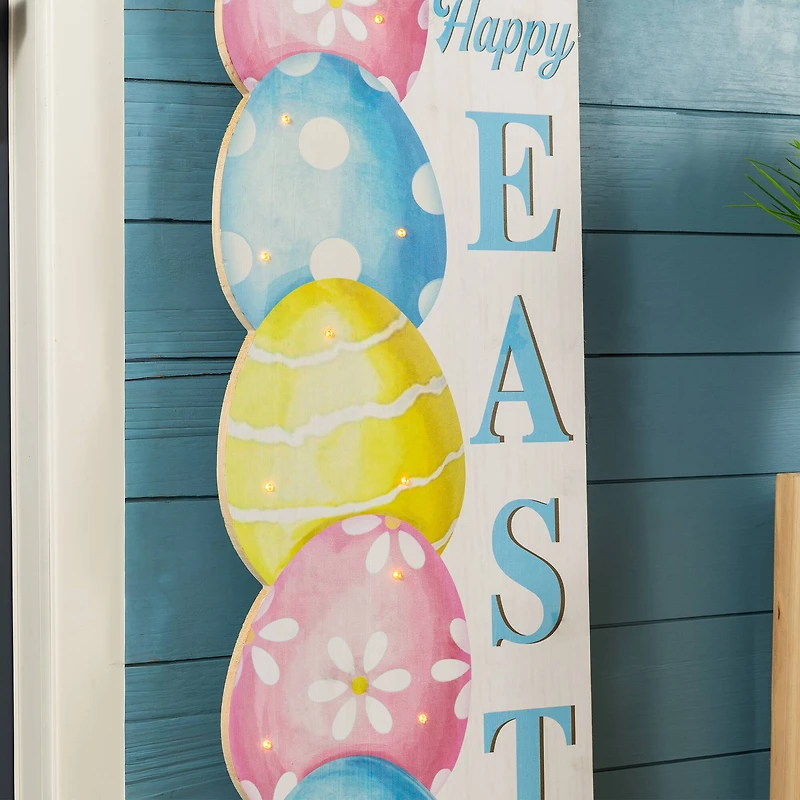 Glitzhome® 42" Lighted Wooden Stacked Eggs "Happy Easter" Porch Sign with Timer