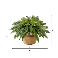23" Artificial Boston Fern Plant in Handmade Jute & Cotton Basket with Tassels