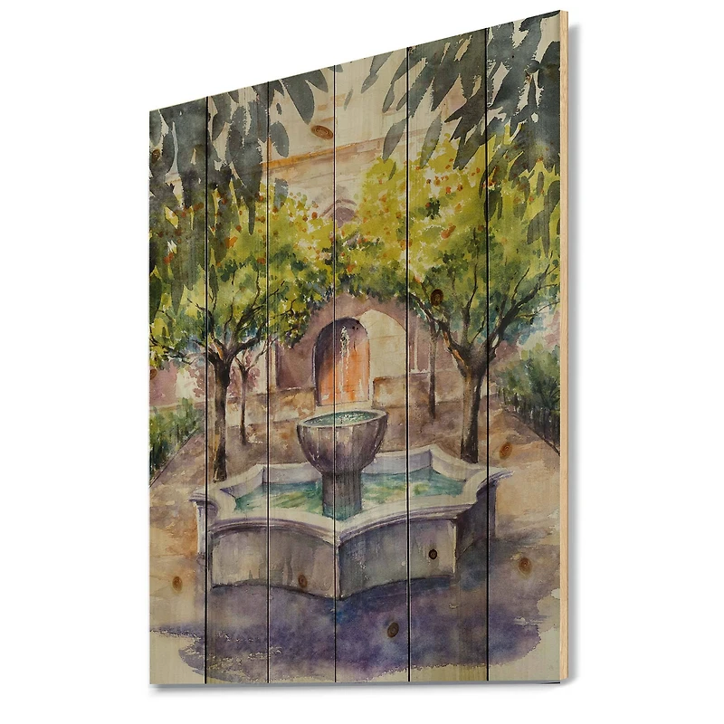 Designart - Small Fountain Picture With Trees In The Village