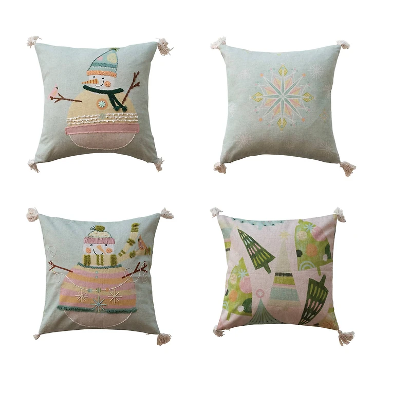 Hello Honey® 18" x 18" Cotton Printed Pillow Set with Snowman, Embroidery, Tassels & Patterned Back