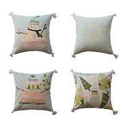 Hello Honey® 18" x 18" Cotton Printed Pillow Set with Snowman, Embroidery, Tassels & Patterned Back