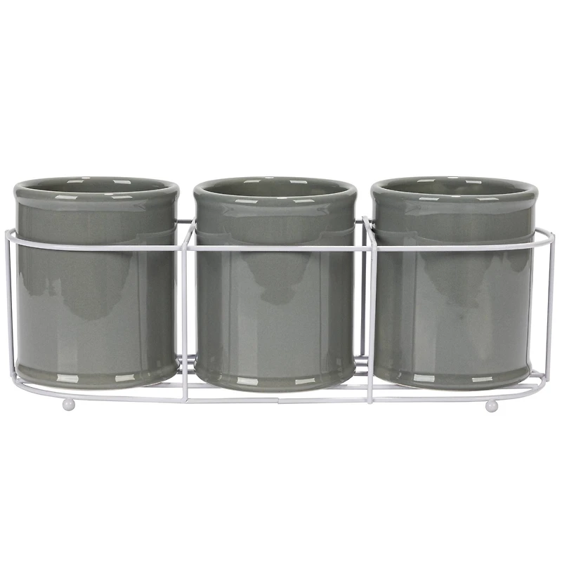 Hello Honey® 11.5" Gray Farmhouse Ceramic Crocks in White Metal Holder
