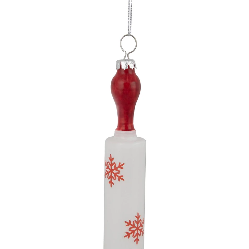 7" Red Snowflakes Rolling Pin Glass Christmas Ornament