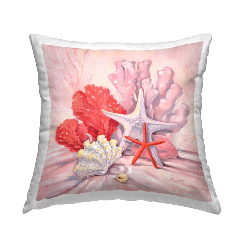 Stupell Industries Pink Red Starfish Mixed Sea Life Throw Pillow, 18" x 18"