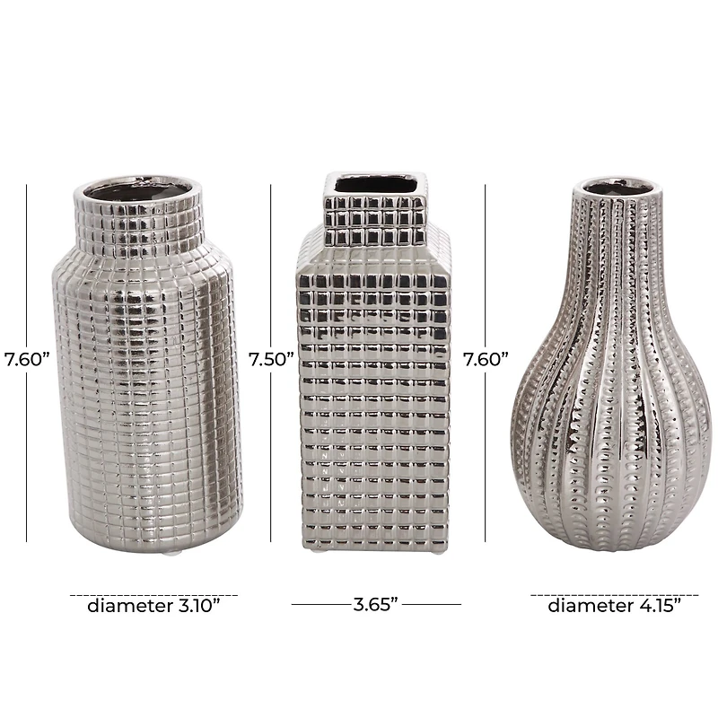 Silver Ceramic Geometric Dimensional Textured Vase Set with Varying Shapes & Grid Patterns