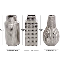 Silver Ceramic Geometric Dimensional Textured Vase Set with Varying Shapes & Grid Patterns