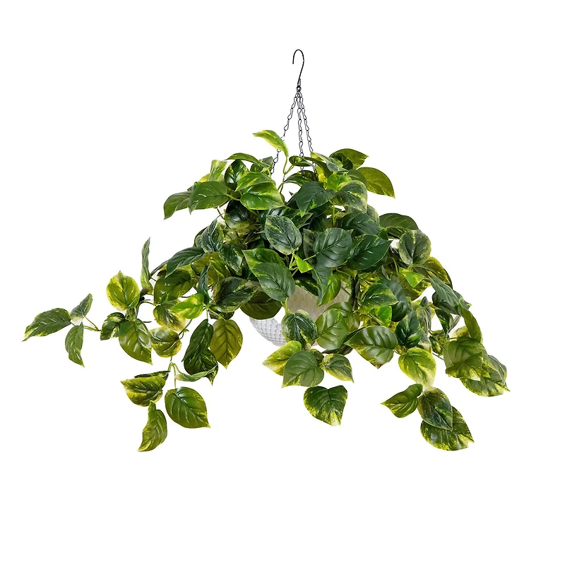 24" UV Resistant Artificial LED Pothos in White Hanging Basket
