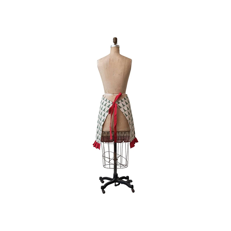 Hello Honey® Natural, Green & Red Cotton Printed Half Apron with Christmas Tree Pattern, Pocket & Ruffle