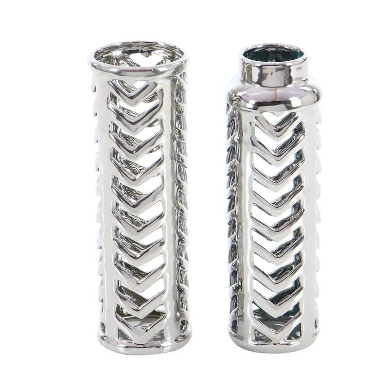Set of 2 Silver Stoneware Glam Vase, 4" x 11"
