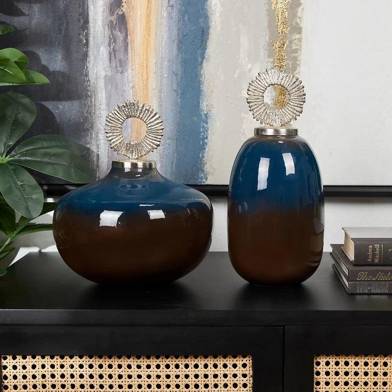 Blue Metal Ombre Decorative Jars with Brown Accents & Silver Ring Handles Set