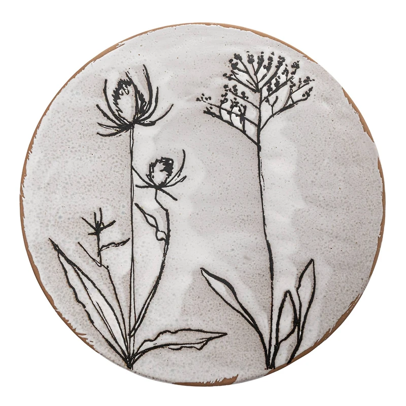 Hello Honey® 12" White & Black Round Debossed Stoneware Pedestal with Flowers & Reactive Glaze