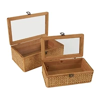 Brown Woven Rattan Box with Glass Top Set