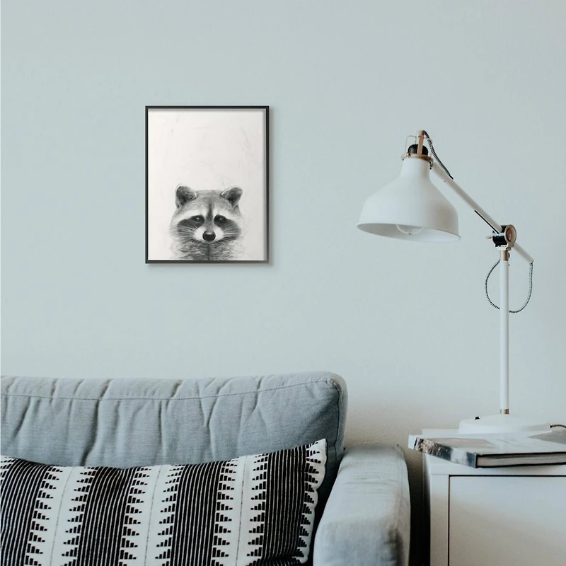 Stupell Industries Raccoon Portrait Grey Drawing Design Framed Wall Art