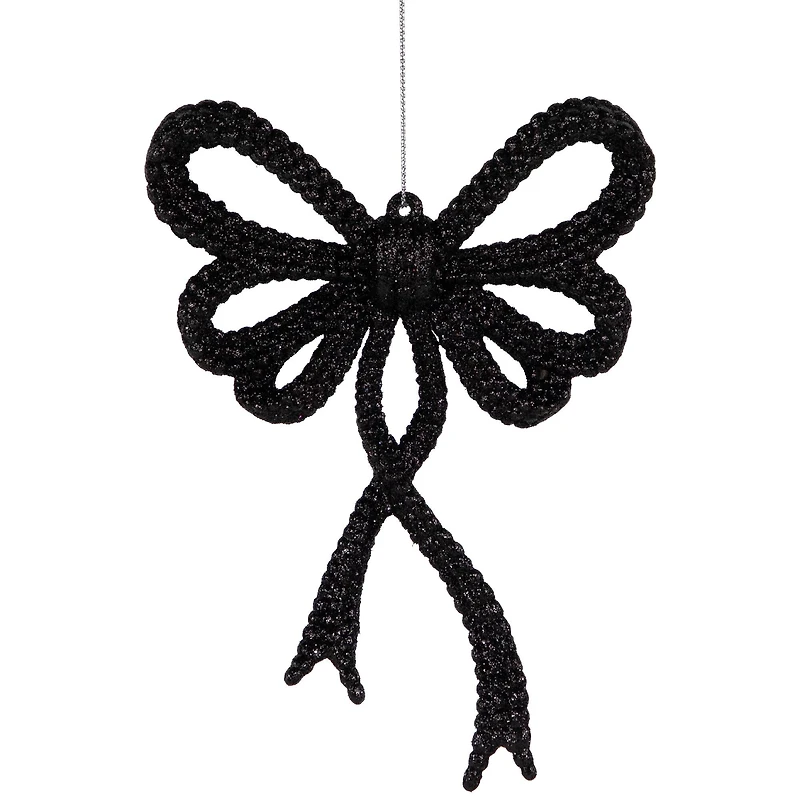 Set of 4 Black Glitter Bowtie Christmas Ornaments 6"