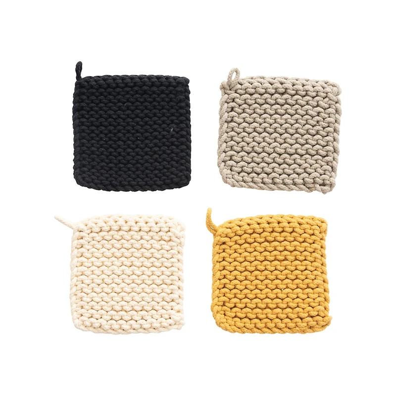 Hello Honey® 8" Black, Gray, Cream & Yellow Square Cotton Crocheted Pot Holder Set