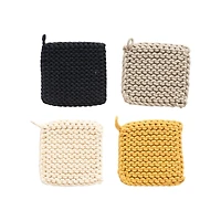 Hello Honey® 8" Black, Gray, Cream & Yellow Square Cotton Crocheted Pot Holder Set