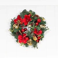 Village Lighting 24" Pre-Lit Red Magnolia Christmas Wreath, Clear LED Lights