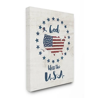 Stupell Industries God Bless the USA Stars and Stripes Americana Rustic Wood Look Sign Canvas Wall Art