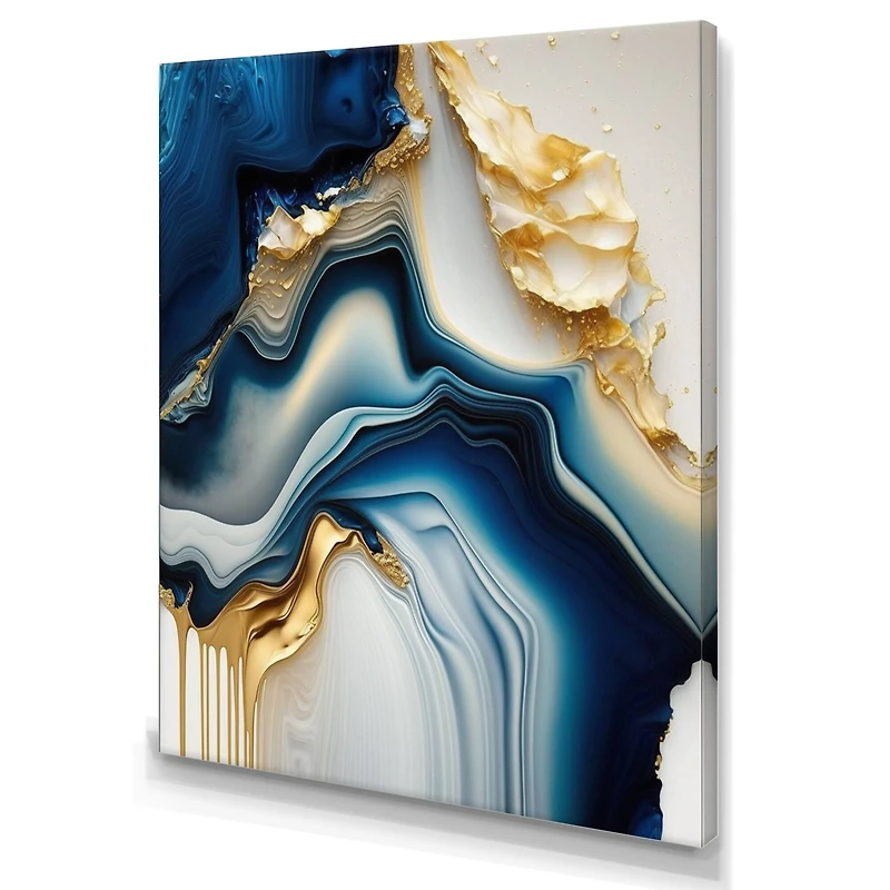 Designart 'Abstract Geode Gold And Blue Marble II' Marble Abstract Canvas Wall Art