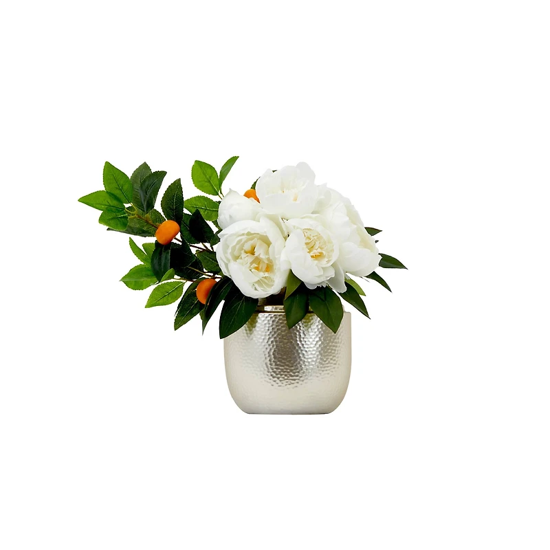 16" Artificial White Peony Dahlia Arrangement with White Vase