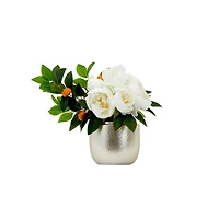 16" Artificial White Peony Dahlia Arrangement with White Vase