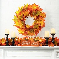 Glitzhome® 24" Fall Lighted Maple Leaves Wreath with Timer