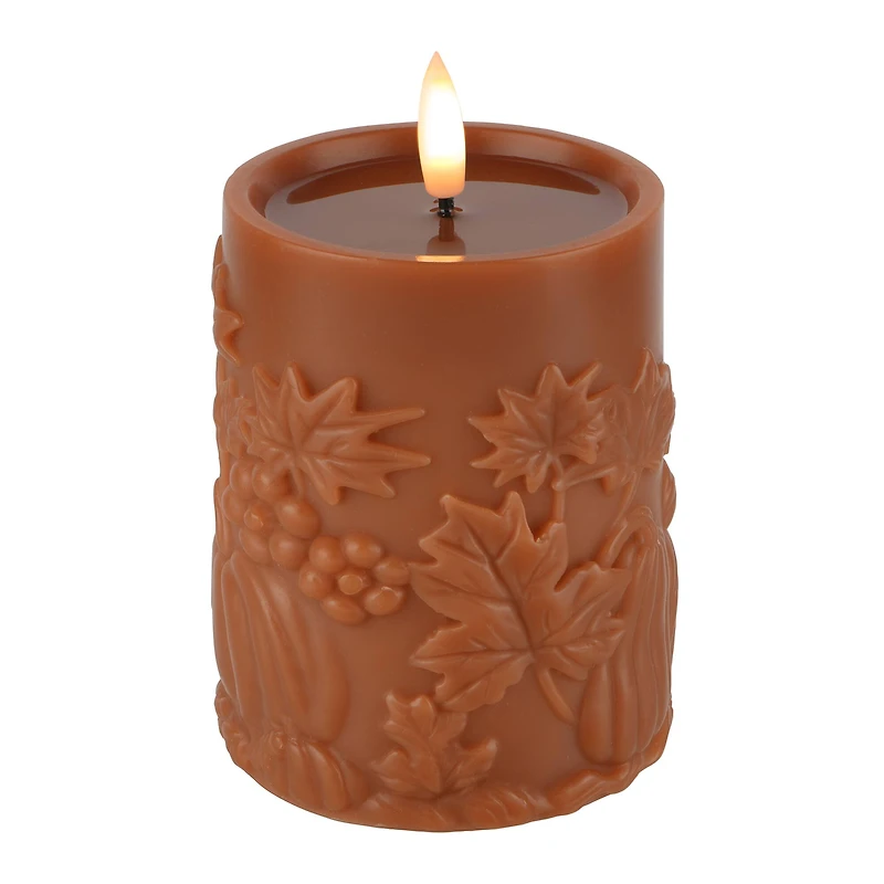 4" Orange Pumpkin & Leaf Wax LED Pillar Candle by Ashland®