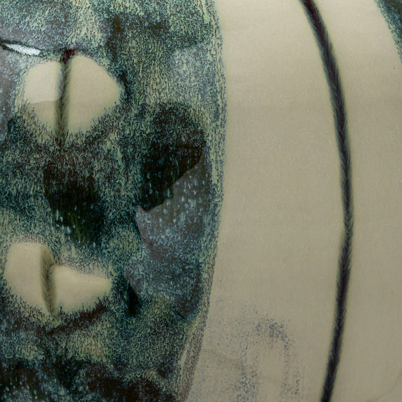 Hello Honey® 9" Cream & Green Reactive Glaze Striped Round Hand-Painted Stoneware Vase