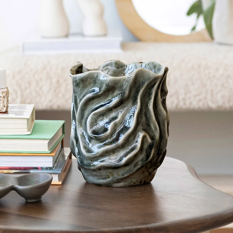 Hello Honey® 7.5" Gray Organic Ceramic Vase with Crackle Glaze