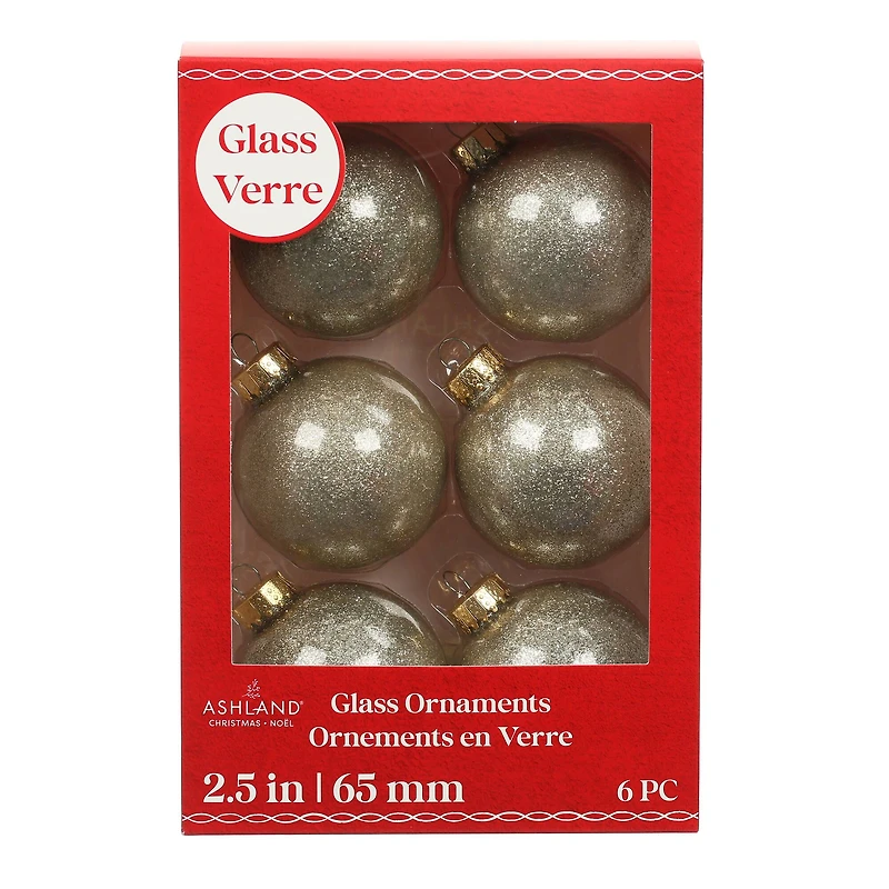 6 Pack 2.5" Gold Glitter Glass Ball Ornaments by Ashland®
