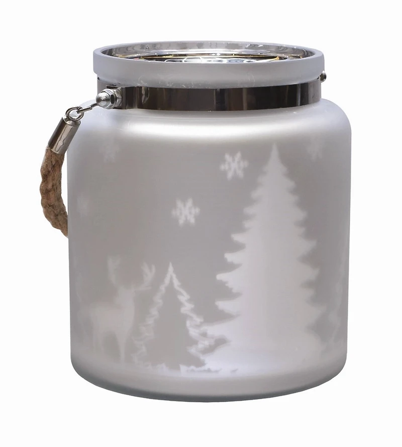 6" Matte Silver Winter Scene Christmas Pillar Candle Lantern
