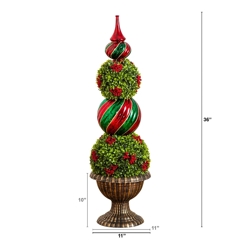 3ft. Pre-Lit Artificial Christmas Ornament Boxwood Topiary Tree with 70 Warm White LED Lights