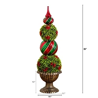 3ft. Pre-Lit Artificial Christmas Ornament Boxwood Topiary Tree with 70 Warm White LED Lights