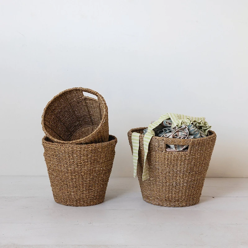Hello Honey® Natural Round Decorative Handwoven Seagrass Cone Basket Set with Handles