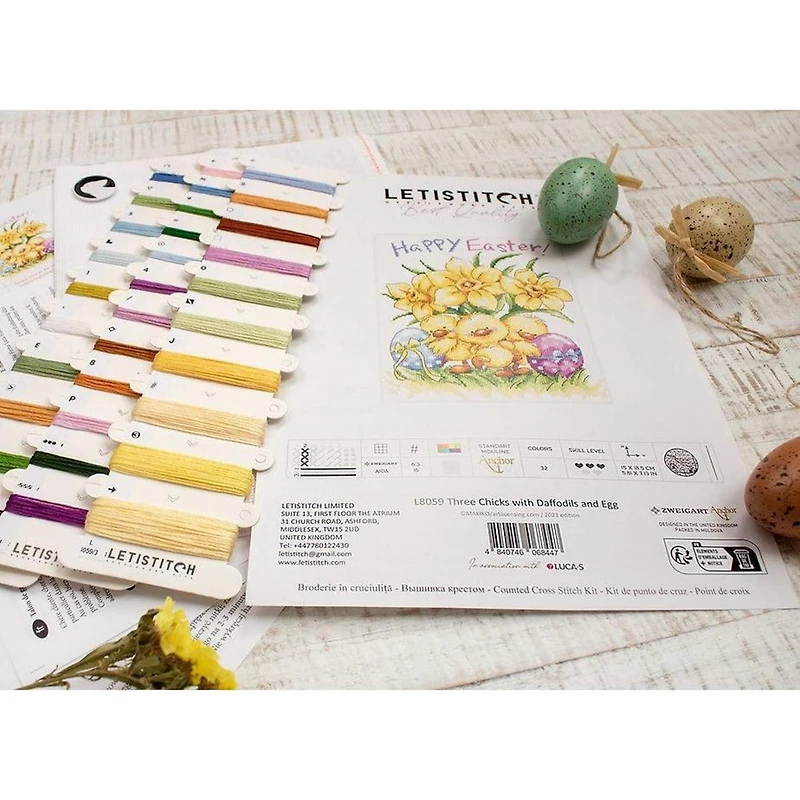 LetiStitch Three Chicks with Daffodils & Egg Counted Cross Stitch Kit
