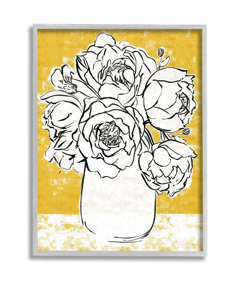 Stupell Industries Peony Sketch Bouquet Contrasted Distressed Yellow Framed Wall Art
