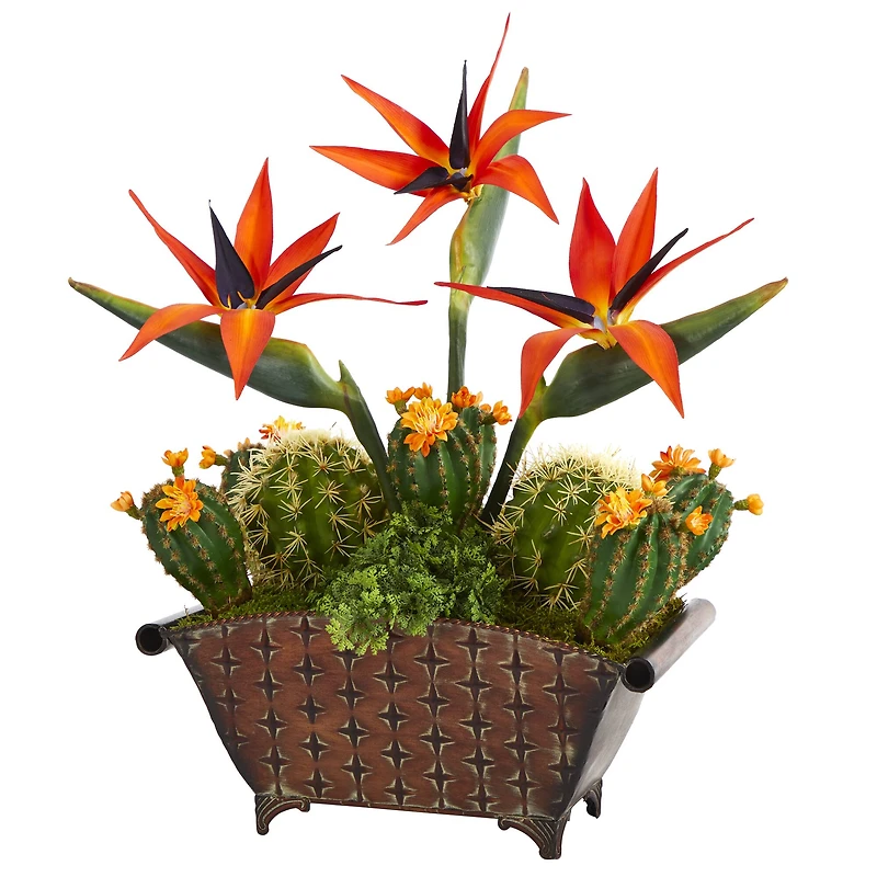 21" Bird of Paradise & Cactus Plant in Metal Planter